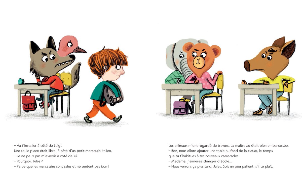 Aceptación, respeto, tolerancia. Temas que trata este libro cuando un niño se enfrenta a su primer día de cole y el resto de los alumnos son todos animalitos.