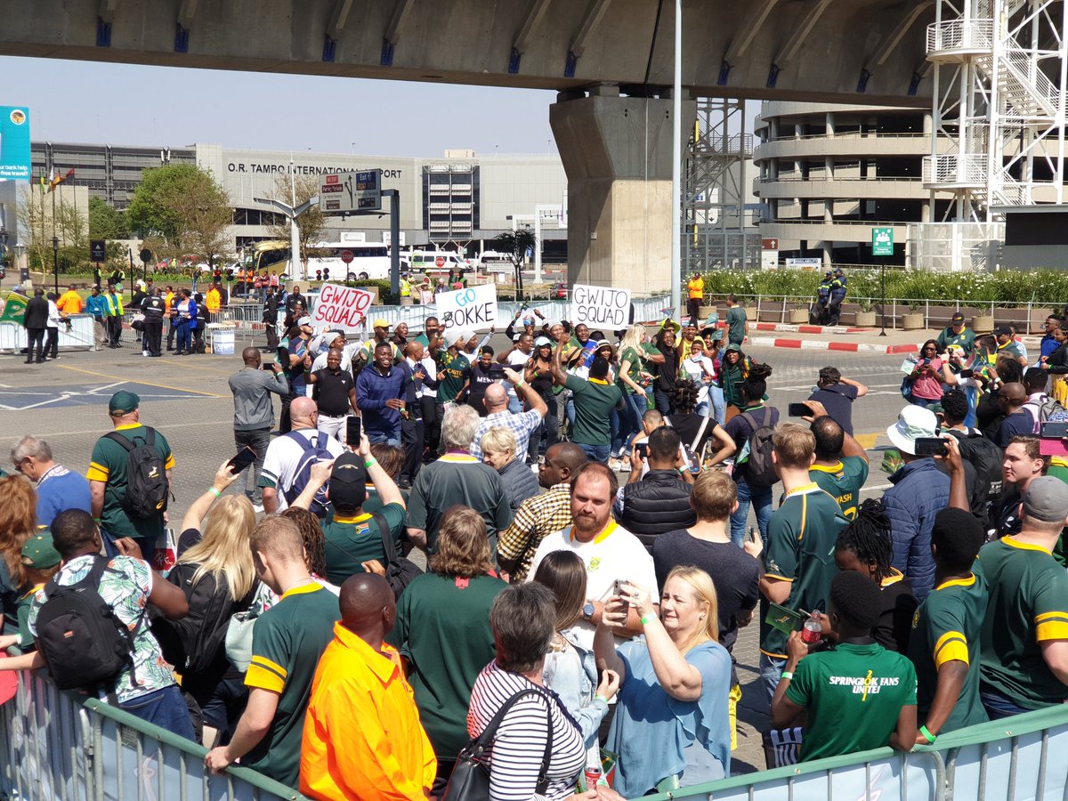 Springboks's tweet photo. The Gwijo Squad have arrived at OR Tambo. #BokSendOff #StrongerTogether https://t.co/hia4QhK0y1