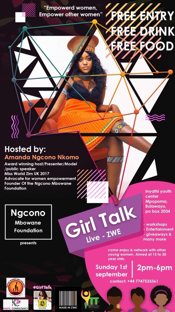 Happening this Sunday at Inyathi Youth Centre Mpopoma...#GirlTalkLiveZWE hosted by @axandankomo #SaveTheDate <a href="/JanetKahari/">Janet Kay</a> <a href="/vickien1837/">Vickie Nxumalo</a> <a href="/patphiri/">Ms. Patience Phiri</a> <a href="/melody_vee_/">Melody Sango</a> <a href="/Nats983/">Rue💜</a> <a href="/FaizaYousuf/">Faiza Yousuf</a> <a href="/FoundationAnthu/">anthu foundation</a> @ClintonNcube_ <a href="/pkmoyo/">ikhosilethu</a> #YouthPower #girlsdoingitforgirls #empowermentoempowerwomen