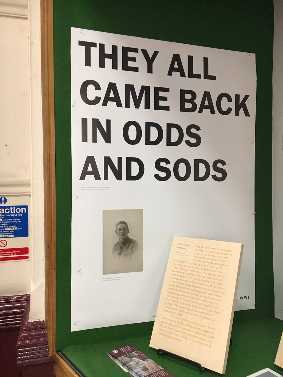 RememorialWWI's tweet photo. Included in the #RWWI @DarlLibs display is a fascinating assortment of documents relating to young Fred Docherty, a local lad who was taken prisoner of war and has been a central part of all of our exhibitions. The documents are all part of the Crown Street Library collection. https://t.co/8NJbTo1IN9