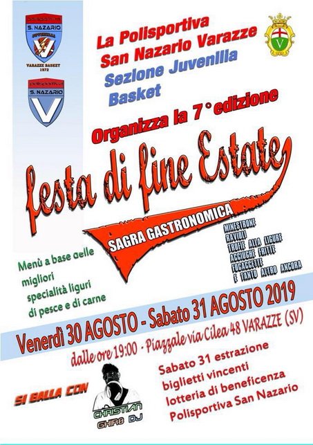 Questa sera e domani, ultimo grande appuntamento dell'estate alla Polisportiva San Nazario Varazze , torna la tradizionale festa di fine estate  con una serata gastronomica a base di specialità liguri di pesce e carne!

#orgogliovarazze #portamiavarazze #eventi