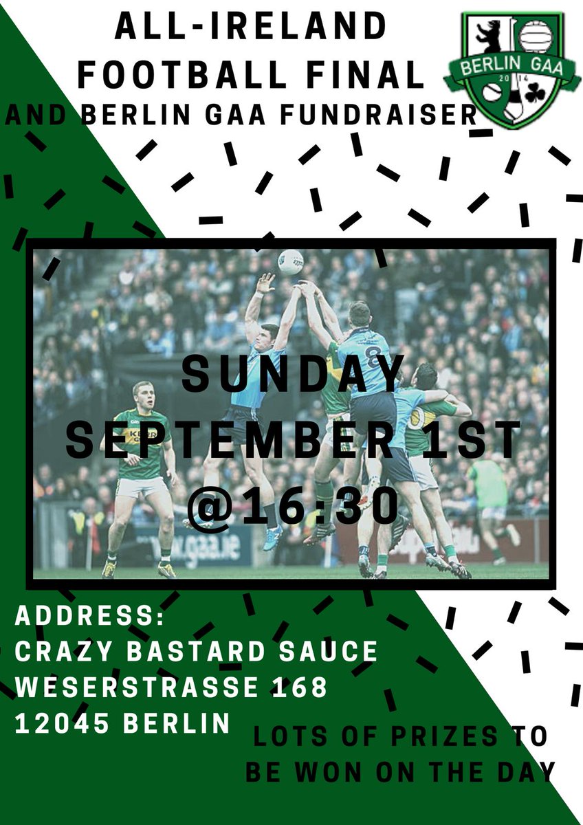 Watch the All-Ireland Football Final on Sunday with the men and women of #BerlinGAA at the home of our sponsors <a href="/bastardsauce/">Crazy Bastard Sauce</a> in the heart of Neukölln!! Join us from around 4pm for some great food and drink, and a bit of craic! 

#GAA #Berlin #Kerry #Dublin #AllIrelandFinal
