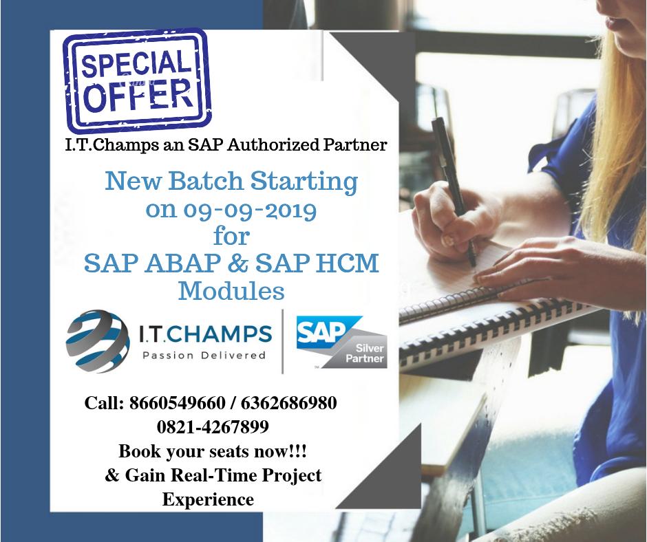 ITChamps_SAP's tweet image. @ITChampsEdu is starting a new SAP training batch on &quot;SAP ABAP &amp;amp; SAP HCM&quot; modules from 9th Sep at our @ITChamps_SAP office
Gain Real-Time Training &amp;amp; Project Experience
Contact: 9035030428/0821-4267899 education@itchamps.com
#SAP #SAPTraining #SAPCoaching #SAPEducation  #Training