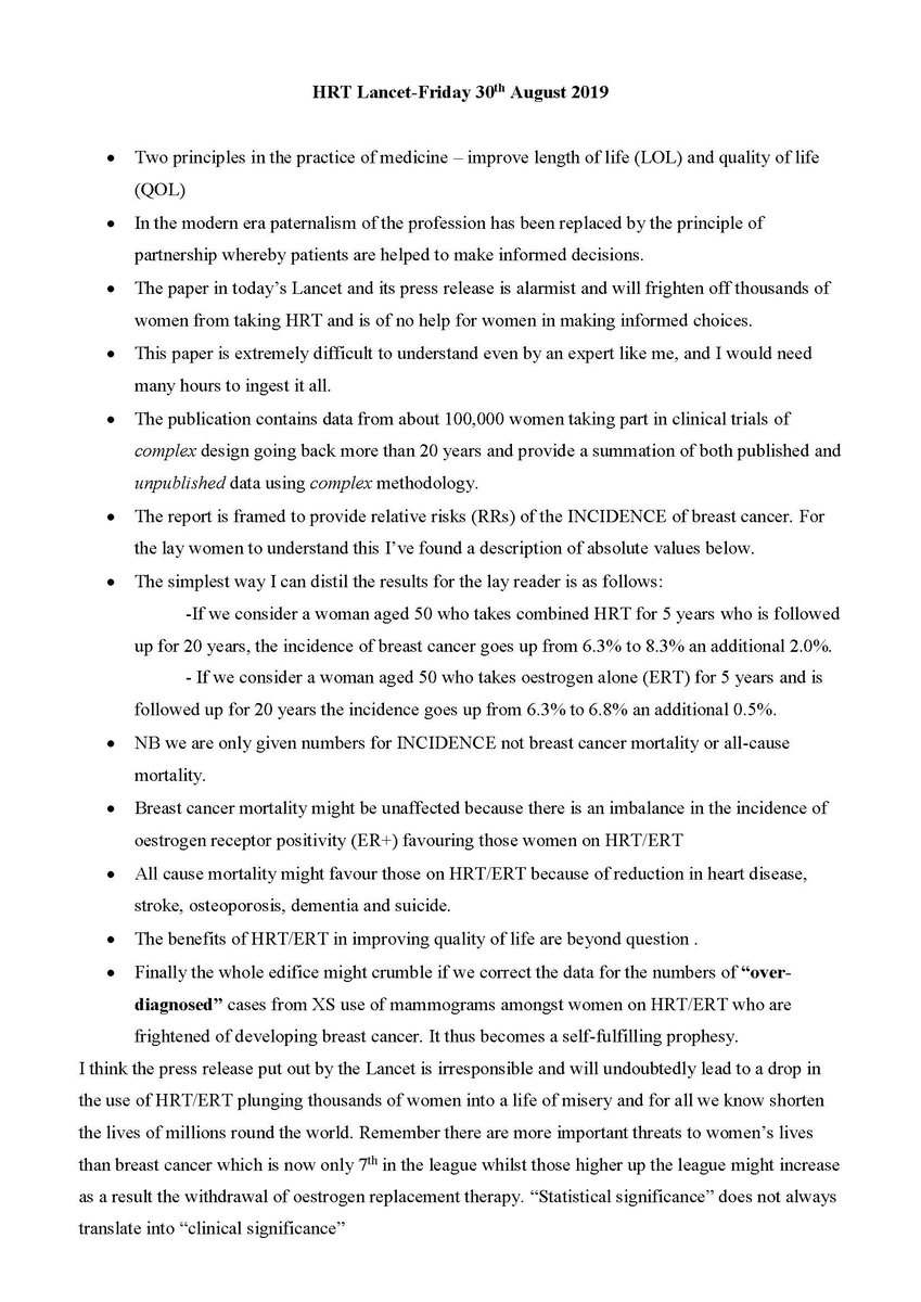 This is my response to the Lancet HRT paper that I hope to discuss on Sky news.