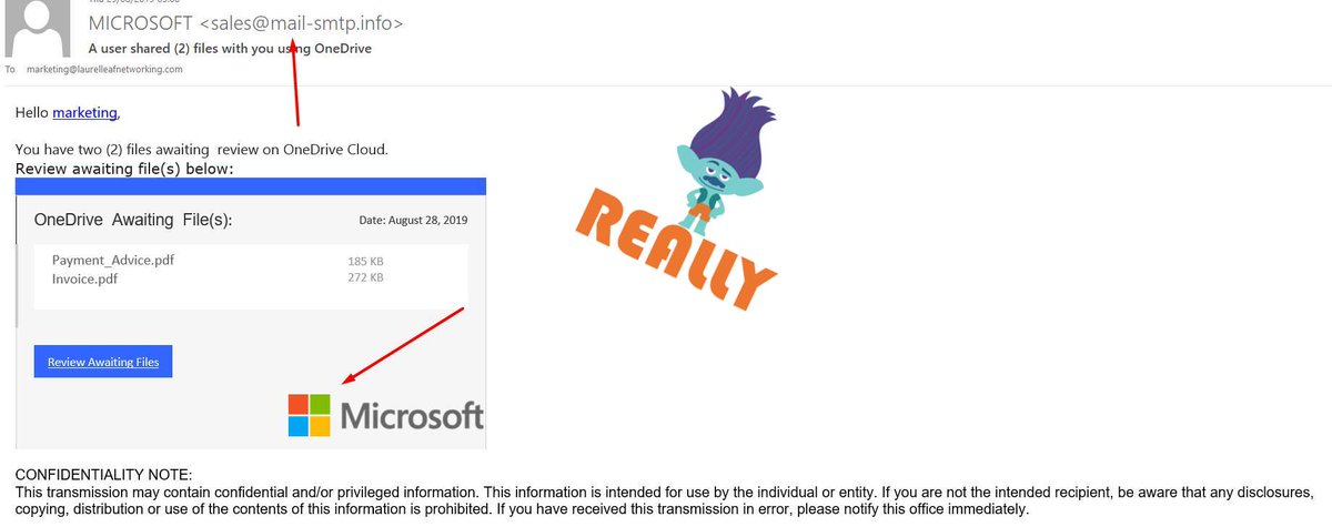 LaurelLeafChat's tweet image. 🍀🤬⚠ One of the fake Microsoft emails going around which, of course, I received!!! 
#microsofthack #onedrivehack #phishing #scammers #cyberaware #cybersecurity #cyberfraud #cyberthreats #malware #spoofemail #hack #hackers #scamalert #scam #virus #microsoft #cybersupport #biz