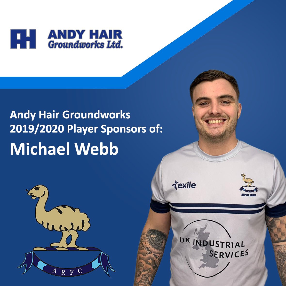 Aspullrfc's tweet image. @michaelianwebb is sponsored by fellow Emu Andy Hair.
Andy runs a very successful groundwork’s company so please contact him on 07989 536911 or look for the old handsome man in Sherringtons if you need a hole dug or want a ride on one of his diggers!
#uptheemus #aspullrfc #aspull