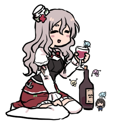 pola (kancolle) wine glass drinking glass thighhighs grey hair skirt wine bottle cup  illustration images