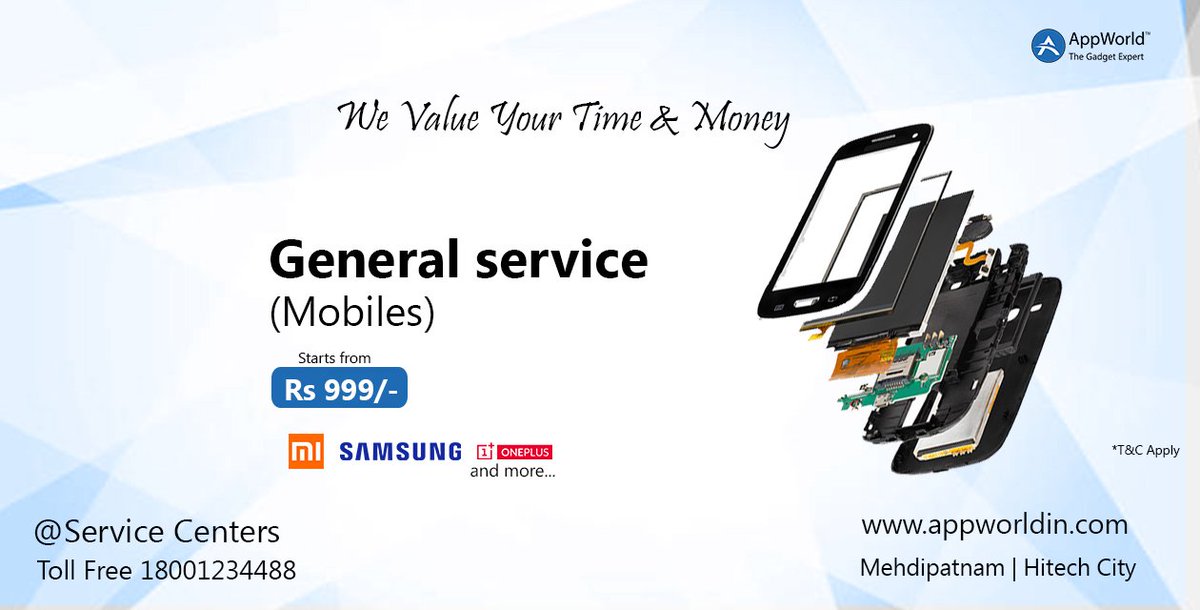AppWorldIndia's tweet photo. Offers on General Service For Mobile!! Starts From Rs 999/- Brands like #Apple #mi #samsung and more .
@AppWorld Visit our service center at Hitech city | Mehdipatnam or Call Toll Free 18001234488 *T&amp;C Apply  https://t.co/qgoRQTUGFM https://t.co/DU6iVrzrGx