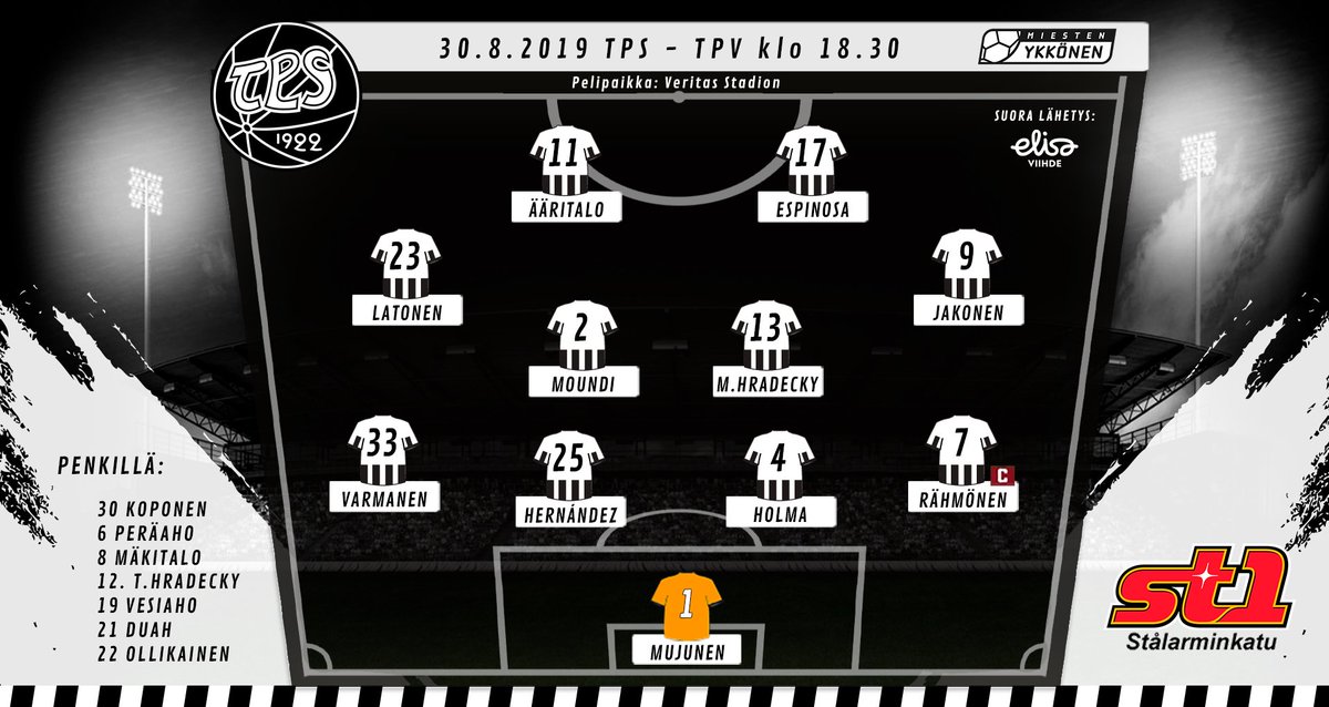 TPSjalkapallo's tweet photo. TPS kohtaa Jalkapallon Ykkösessä tänään perjantaina 30.8. Tampereen Pallo-Veikot. Ottelu alkaa Veritas Stadionilla klo 18.30. TPS:n päävalmentaja Tommi Pikkarainen on nimennyt kokoonpanon illan otteluun: https://t.co/N5Iv0ev4fi #FCTPS #Ykkönen #TPSTPV #Turku #TKOMV https://t.co/gyPBaMIaRC