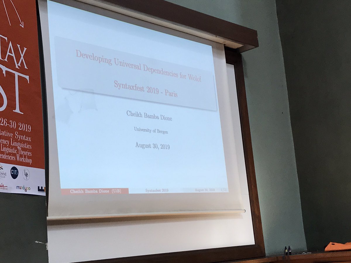 zehavoc's tweet image. #SyntaxFest2019 #UDW19 Now featuring a talk on a Wolof UD Treebank by Cheick Bamba Dione