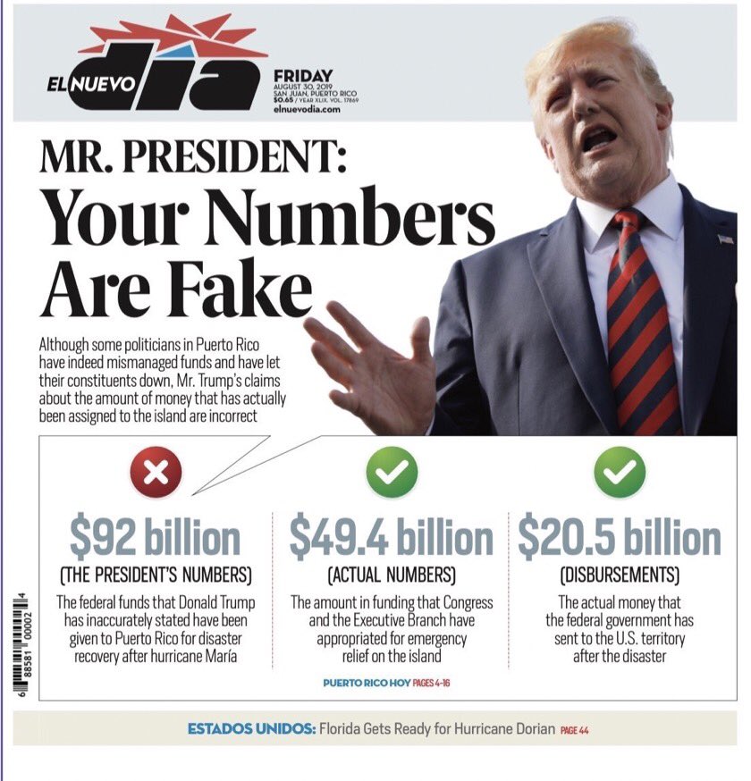 Friday’s front page of Puerto Rico’s  largest newspaper: “Mr. President: Your Numbers Are Fake”