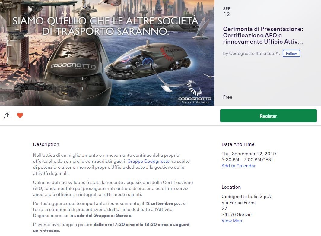 We are pleased to invite you to the Presentation Ceremony of the AEO Certification awarding for the Customs Office in Gorizia on:

12th of Sept., 17:30-18:30, followed by a networking cocktail. 

More information at:
bit.ly/2PnWcM9

#customs #networking #CodognottoGroup