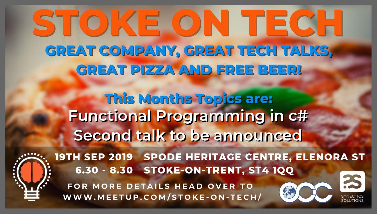 StokeOnTech_'s tweet photo. This months meetup will feature:

"Functional Programming in C#" - by Simon Painter

Second talk to be announced soon

Head over to our meetup page to find out in detail about the talks using the link below!

Keep up to date, RSVP and find out more here: 
https://t.co/fQIjVrNfDZ https://t.co/TURU65ZCIc