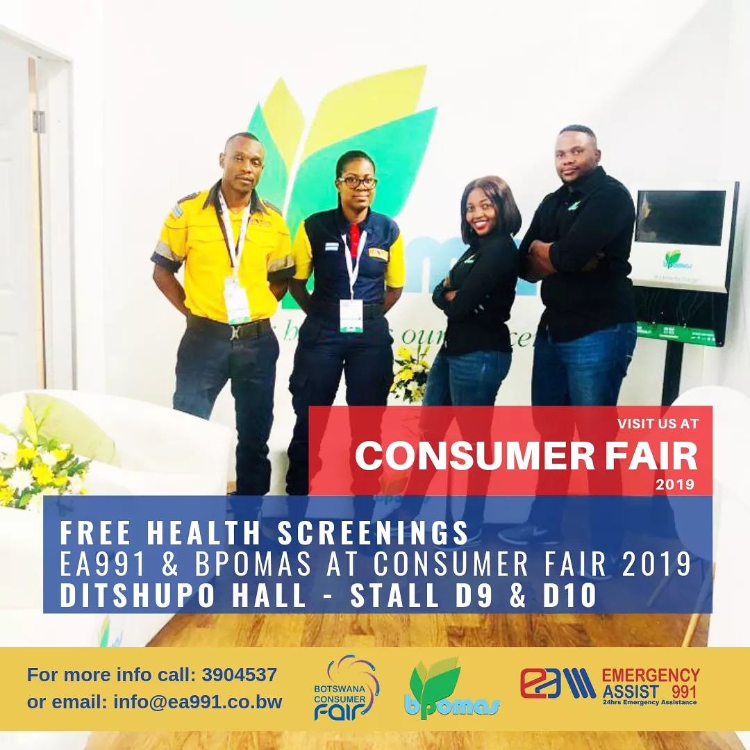 ea991_botswana's tweet photo. Come get free medical check-ups from Emergency Assist 991 medics at the #ConsumerFair BPOMAS stall D9 and D10 in Ditshupo Hall.

We are testing for blood pressure, sugar diabetes, pulse and BMI. See you there. 🙂

#EA991 #WeCare https://t.co/CMAGL6ryR6
