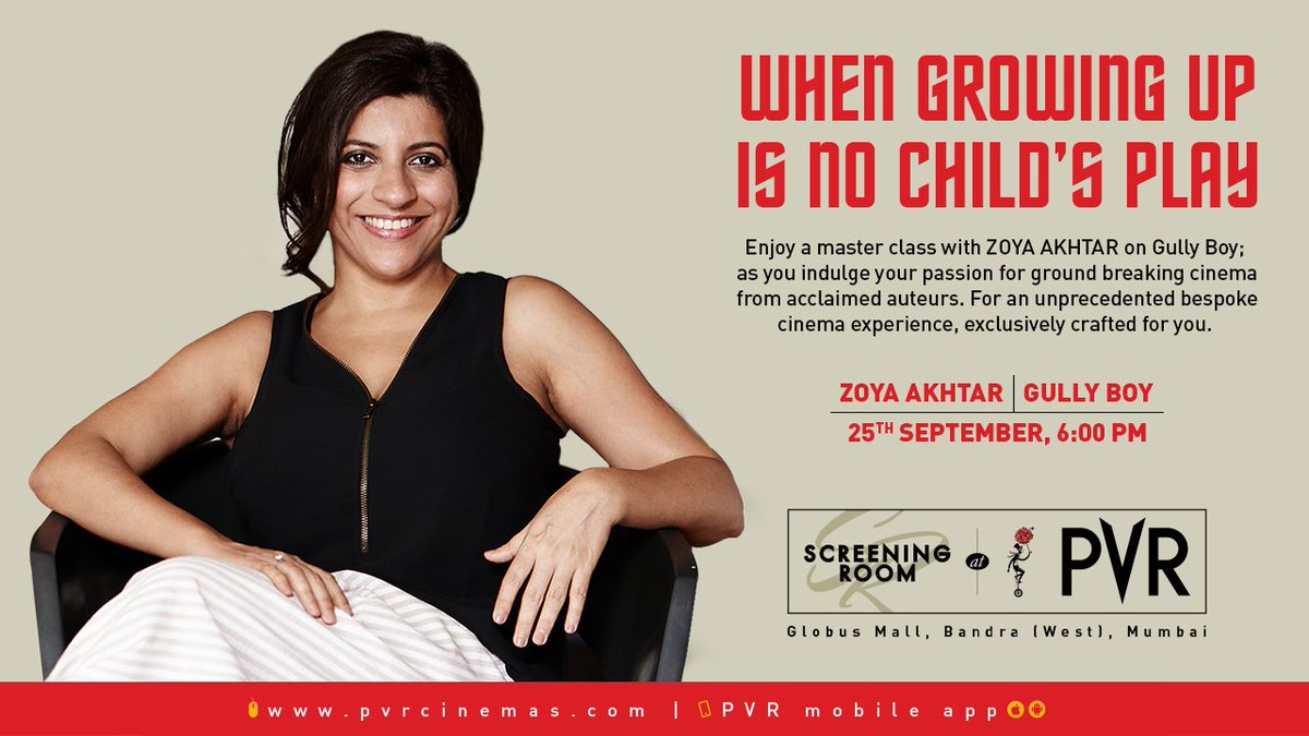 Transform your passion into practice and champion your message by learning the art and craft of filmmaking from none other than the Director of #GullyBoy, #ZoyaAkhtar only at #PVR Globus Mall, Bandra West. 😇

#PVRLeReve #PVRScreeningRoom