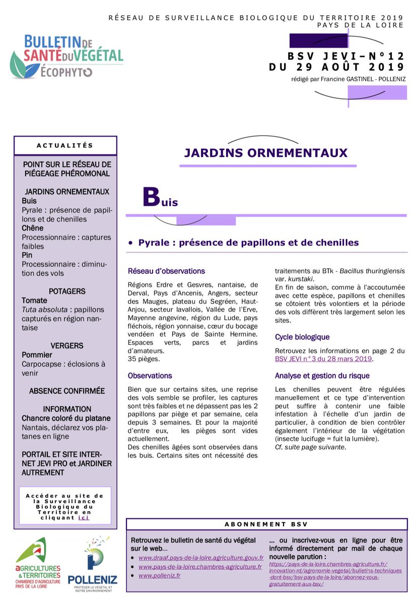 POLLENIZ_PDL's tweet photo. Le dernier BSV du mois d'août est en ligne ! Retrouvez les dernières infos en matière d'observation de papillons de la #PyraleDuBuis et de #Processionnaire en Pays de la Loire, le #ChancreColoreDuPlatane et bien d'autres sujets ! Lire le🗞️➡️https://t.co/NDt7sLPAzm https://t.co/9J89r5ll3a