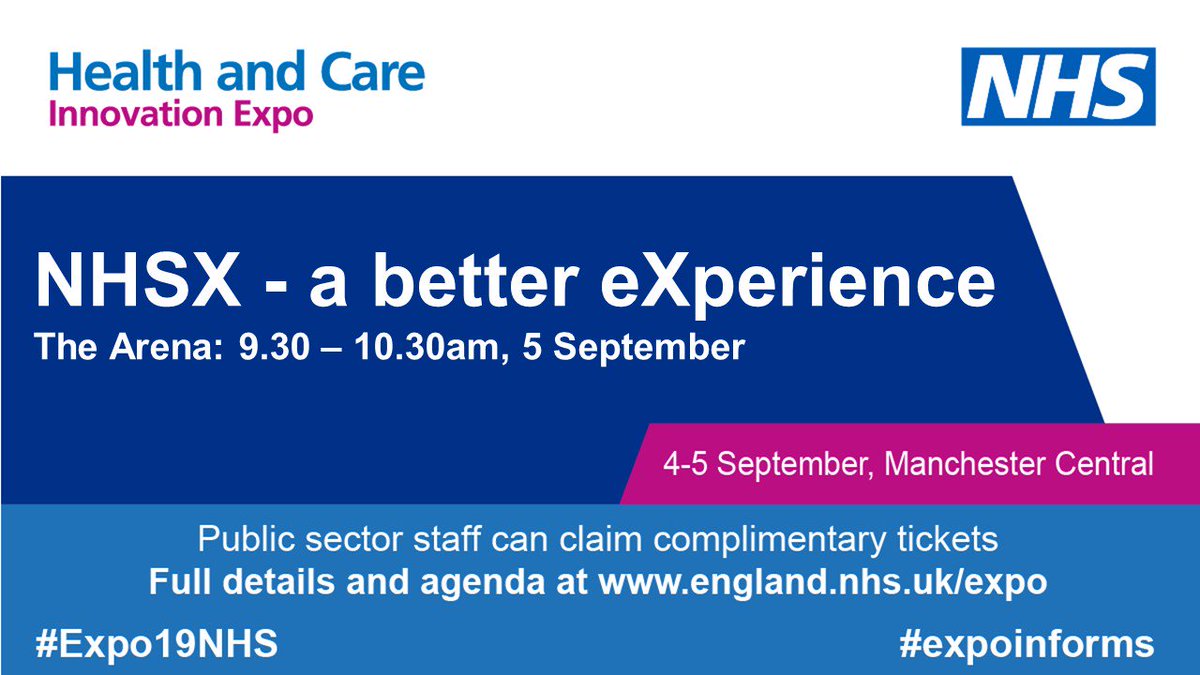 NHSEngland's tweet photo. .@NHSX has been set up to improve health and social care by giving people the technology they need. Join chief executive, @matthewsgould and panelists @AmyMaryRose, @AyeshaRahimCCIO, @thatsteed and @Suzyhomewood for a discussion about how #NHSX can make a difference. #Expo19NHS https://t.co/09oxSOaIEL