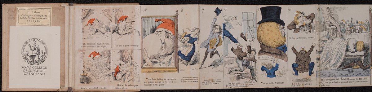 HunterianLondon's tweet image. The Toothache: imagined by Horace Mayhew, realised by George Cruikshank, 1849. This amusing book folds out of the covers to tell the whole story; ow.ly/NLbY50viAf6 #FoldoutFriday #LibraryBlog