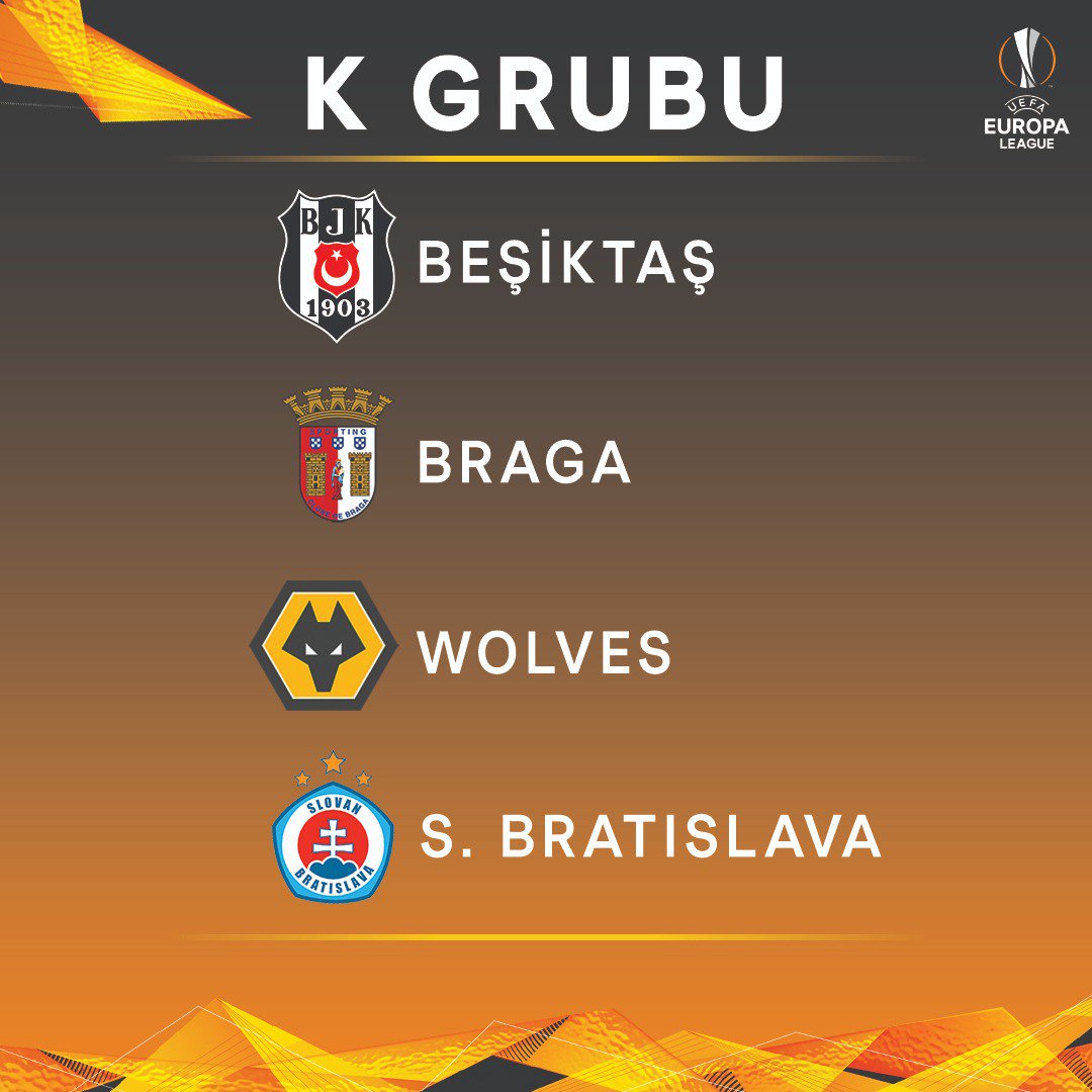UEFA Avrupa Ligi K Grubu 

🇹🇷 Beşiktaş
🇵🇹 Braga
🏴󠁧󠁢󠁥󠁮󠁧󠁿 Wolves
🇸🇰 Slovan Bratislava 

UEFA Avrupa Ligi: 4. torbadan rakibimiz Slovan Bratislava  oldu.
#UELdraw