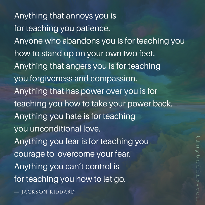 tinybuddha's tweet photo. “Anything that annoys you is teaching you patience. Anyone who abandons you is teaching you how to stand up on your own two feet. Anything that angers you is teaching you forgiveness and compassion. Anything that has power over you is teaching you how to take your power back..." https://t.co/ZkAfu3AHRy