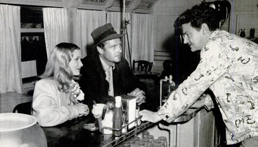 Veronica Lake, Joel McCrea & Preston Sturges on the  #diner set of Sullivan's Travels "Give Mr. Smearcase another cup of coffee."