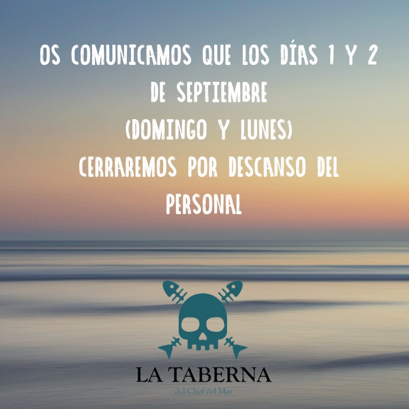 Nos encanta veros disfrutar con nosotros pero este domingo y lunes nos toca descansar un poco para volver con más ganas aún!
A partir del 3 de Septiembre volvemos a horario normal: Martes a domingo mediodía de 13.00 a 16.00 y de 20:30 a 23:45.