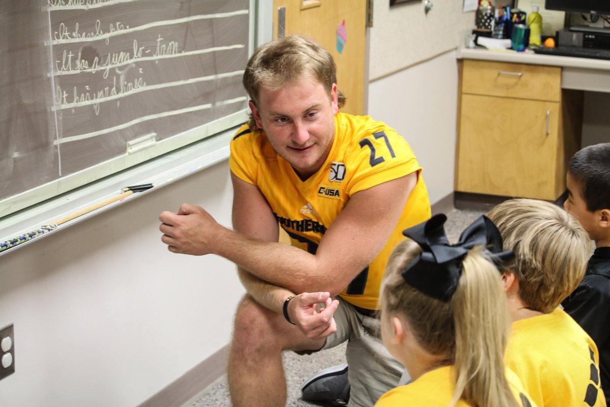 SouthernMissFB's tweet photo. Friday before the home opener? We know what that means.

Another great visit to the DuBard School for Language Disorders! Thanks for having us! ✍️ #SMTTT https://t.co/9JzrliAB6Z