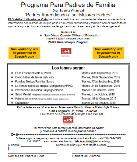 Programa Para Padres de Familia en la escuela preparatoria Rancho Buena Vista. El primer taller será  este próximo  martes, 3 de septiembre. @Grapevine_VUSD <a href="/EngageVista/">VistaUSD FACENetwork</a>
