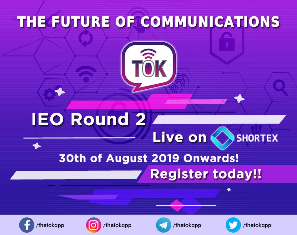 The TOK App IEO Round 2 is now live! Dont miss out! Steps: 1. Register Here: shortex.net/TOK 2. Complete KYC 3. Deposit ETH/BTC 4. You are ready to purchase TOK from the trade section ! #decentralized #blockchain #crypto #ethereum