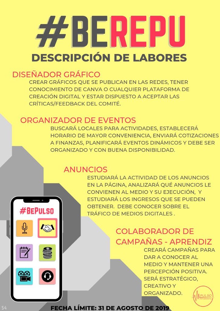 PulsoEST's tweet photo. 🚨CONVOCATORIA ABIERTA🚨
¿Quieres formar parte del comité de RELACIONES PÚBLICAS Y PUBLICIDAD?
Estos son los deberes que cada miembro del comité debe cumplir.
¡ANÍMATE! #BePulso & #BeRePu
Llena el formulario: https://t.co/4FI8Y4QKPh https://t.co/mFcVc9PM3s
