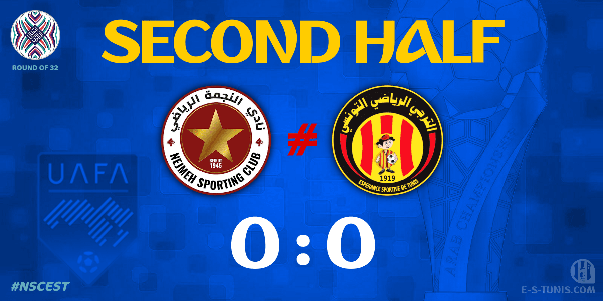 ESTuniscom's tweet photo. ⏱ 46' | #UAFAAC Round of 32 #NSCEST | 🇱🇧@Nejmeh_SC 0⃣-0⃣ @ESTuniscom🇹🇳 : The second half kicks off / بداية الشوط الثاني / Coup d'envoi de la seconde période https://t.co/1YWneTJ627