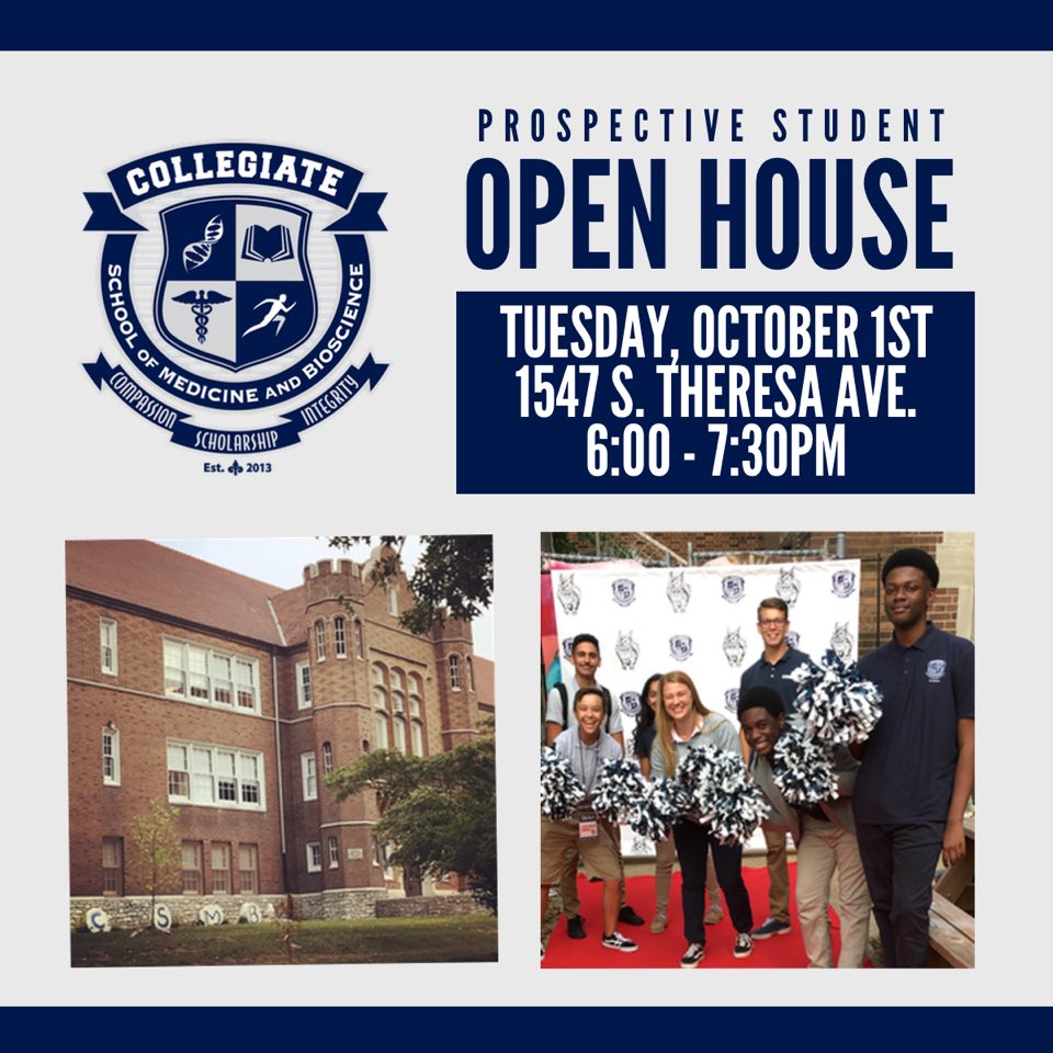 csmbstl's tweet image. ✏️ Save the date! Our prospective student open house will be held on Tuesday, October 1st from 6:00-7:30PM. We will have teachers and students on hand to share more about the unique Collegiate experience. Students leaders will offer tours with the last tour departing at 7:30PM.