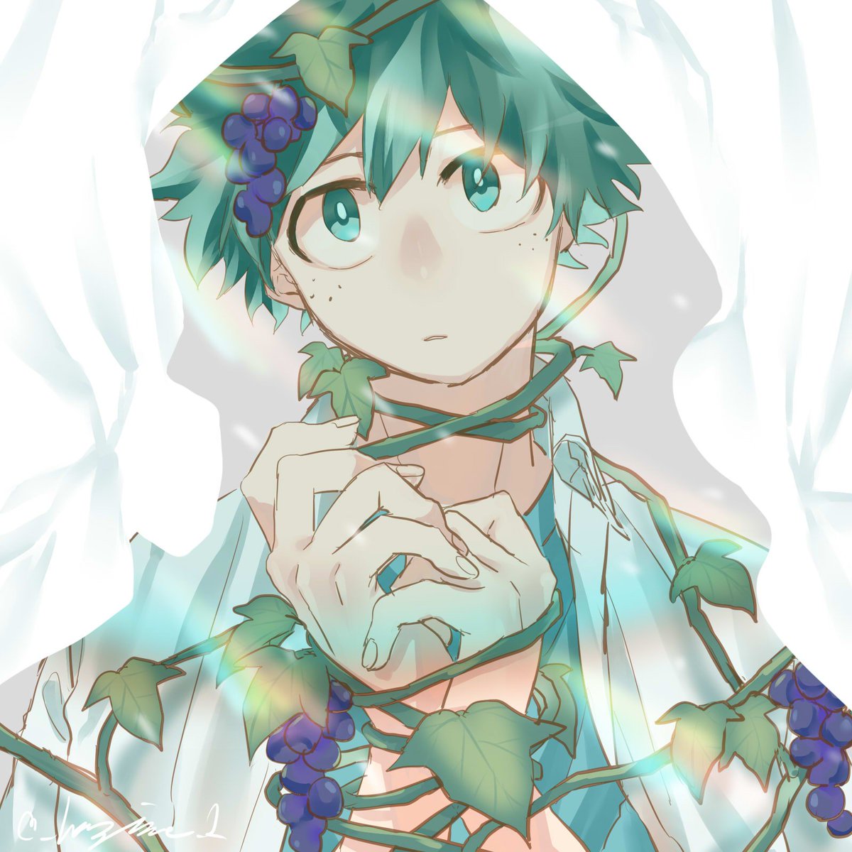 midoriya izuku 1boy grapes male focus food fruit solo green hair  illustration images