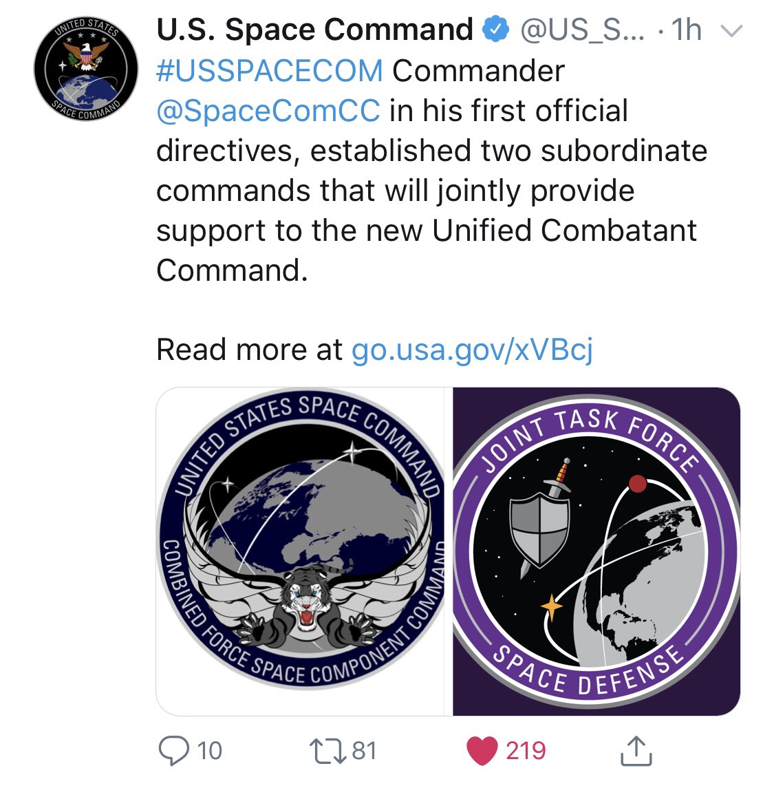  #USSPACECOM Commander @SpaceComCC in his first official directives, established two subordinate commands that will jointly provide support to the new Unified Combatant Command. Read more at  http://go.usa.gov/xVBcj 
