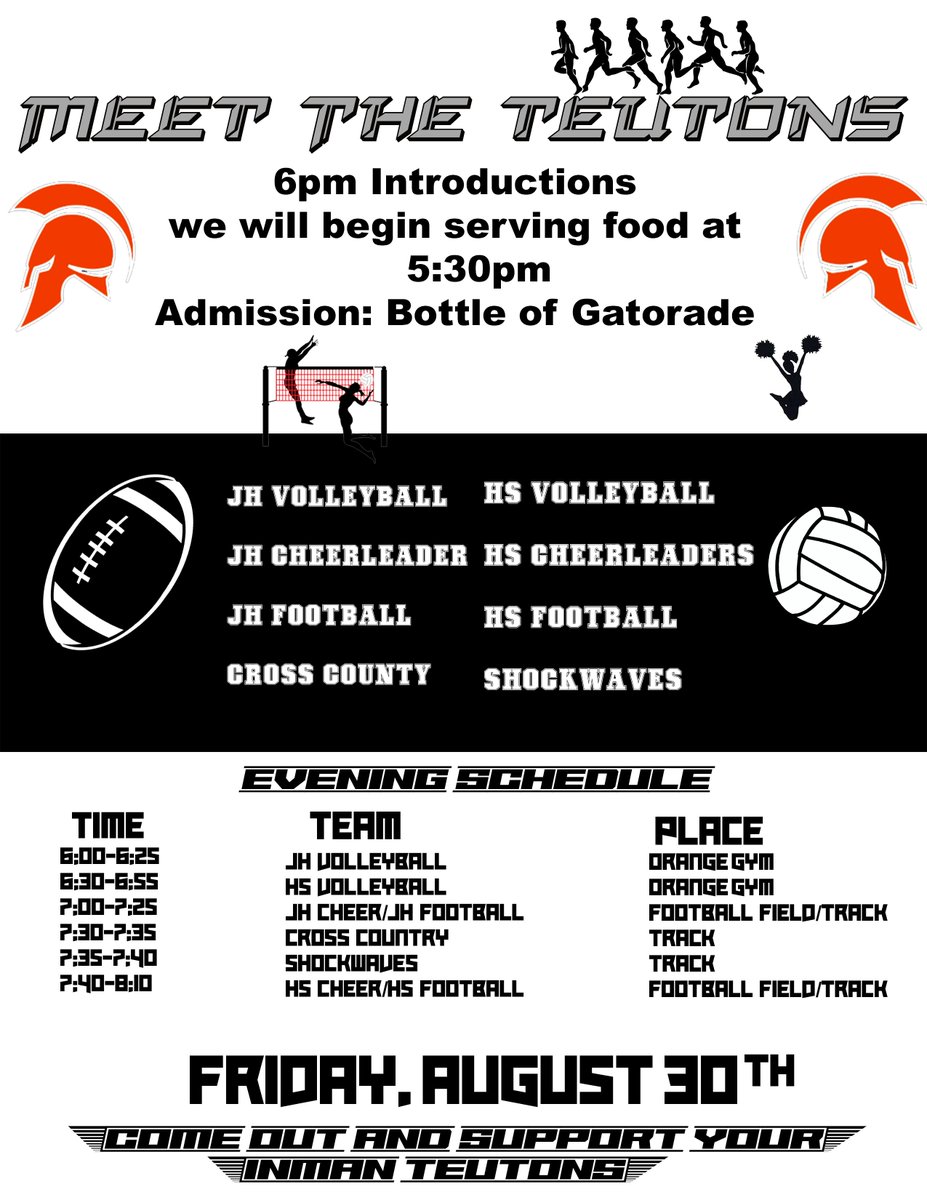 MrsMBloom's tweet photo. @InmanSchools TONIGHT is the night to Meet the Teutons! Join us at 5:30PM for a meal provided by the #InmanBoosters. Introductions of the '19-'20 fall sports teams will begin at 6:00PM in the Orange Gym. See you there! #Communication #DriveStudentSuccess https://t.co/UvYjGwO6qZ