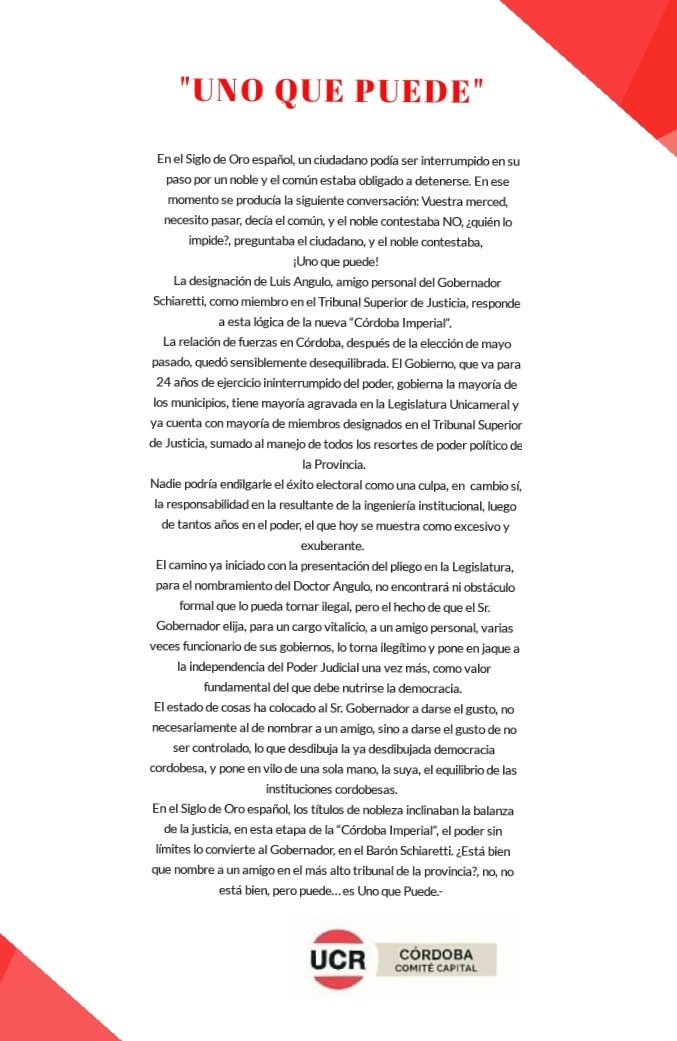 ctecapital's tweet photo. Sr. Gobernador @JSchiaretti que usted elija a Luis Angulo, para un cargo vitalicio, siendo su amigo personal, lo torna ilegítimo y pone en jaque a la independencia del Poder Judicial una vez más, como valor fundamental del que debe nutrirse la democracia. ¡Basta de atropellos! 👇 https://t.co/TMQU5A4BMk