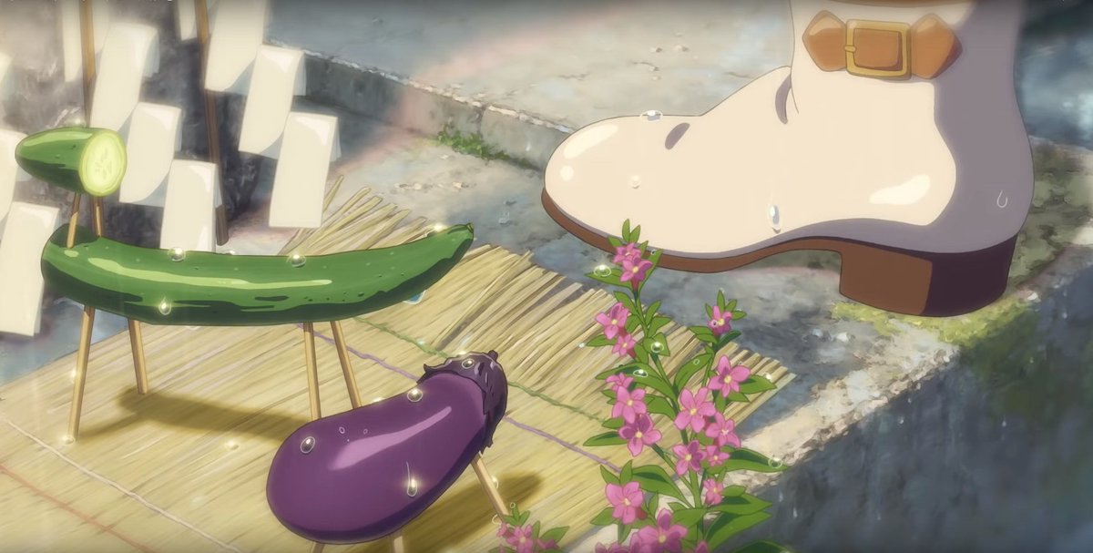 Pic shows custom of making horses and cows out of cucumber and eggplant during Bon festival (usually August). This is from 2020 when Hina got her powers. August 22, 2021: Hina's birthday and moment of being spirited away.