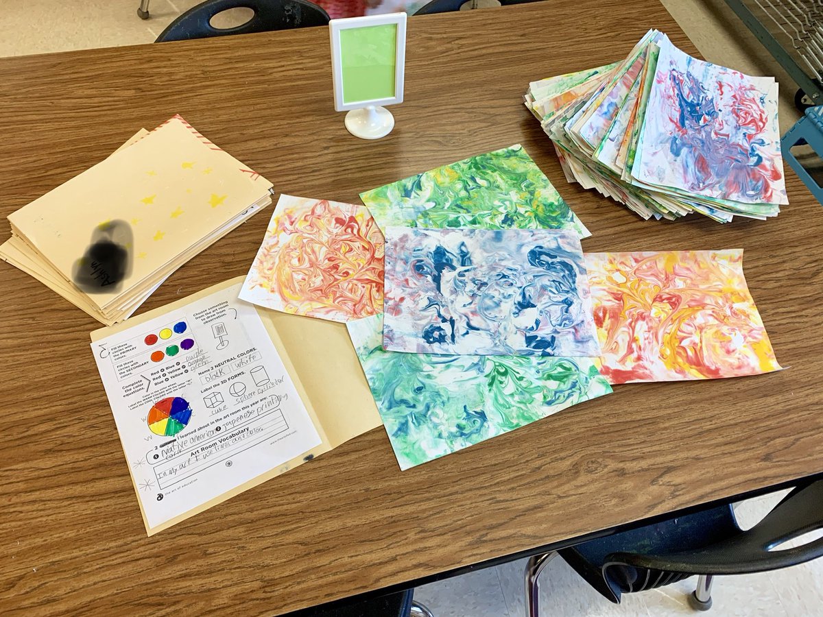 Alana_Pauley's tweet photo. Art week one at TPES! Centers (K-1) portfolios and marbleized paper in small groups (3-5) this year. I made a last minute decision to make these this year and I LOVE them. Planning how to use them in projects this year. @NickleberryTPES @schumanncarla1 #ComalFineArts https://t.co/Trs6zDSv9t