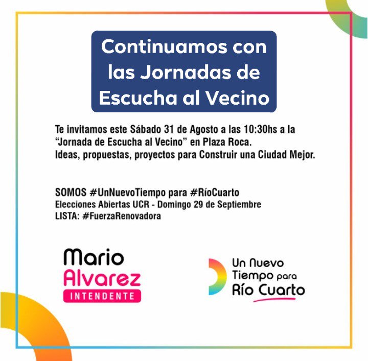 MarioAlvarezOk's tweet photo. #UnNuevoTiempo para #RíoCuarto
#InternasAbiertas #29deSeptiembre
#MarioAlvarezIntendente
LISTA: #FuerzaRenovadora https://t.co/hJ7hreEkjw