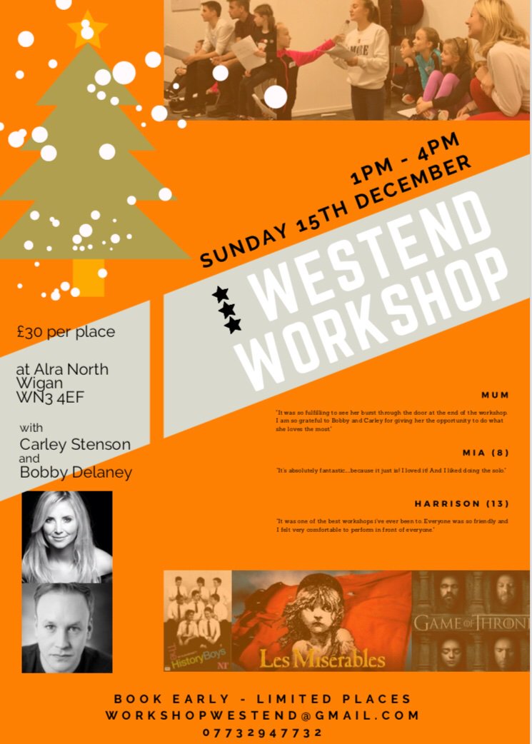 carleystenson's tweet photo. LOVE PERFORMING?
Or know someone that does? 

#westend #workshop #performancetechnique #sing #act #dance 

Two dates:
27th october
15th December 

With two westend leads @carleystenson &amp; Bobby Delaney
Alra wigan
Ages 6-18
3h
£30

Get in touch:
workshopwestend@gmail.com https://t.co/Tm10lwqHFR