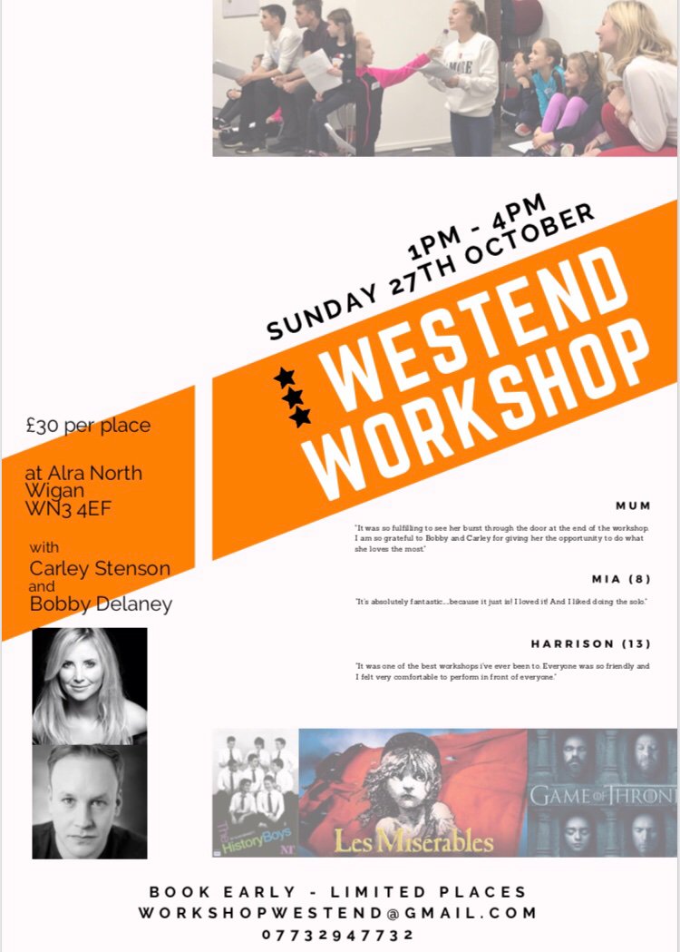 carleystenson's tweet photo. LOVE PERFORMING?
Or know someone that does? 

#westend #workshop #performancetechnique #sing #act #dance 

Two dates:
27th october
15th December 

With two westend leads @carleystenson &amp; Bobby Delaney
Alra wigan
Ages 6-18
3h
£30

Get in touch:
workshopwestend@gmail.com https://t.co/Tm10lwqHFR