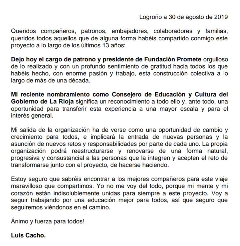 𝗖𝗮𝗿𝘁𝗮 𝗮𝗯𝗶𝗲𝗿𝘁𝗮 𝗱𝗲 𝗱𝗲𝘀𝗽𝗲𝗱𝗶𝗱𝗮 𝗱𝗲 <a href="/LuisCacho_/">Luis Cacho</a> 𝗰𝗼𝗺𝗼 𝗽𝗿𝗲𝘀𝗶𝗱𝗲𝗻𝘁𝗲 𝗱𝗲 <a href="/promete_org/">Fundación Promete</a>