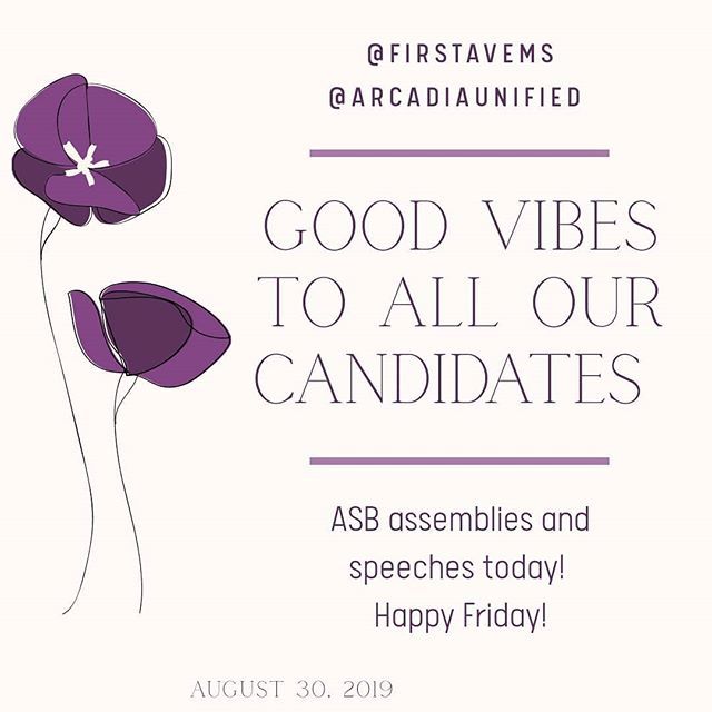 MsMimura's tweet photo. #HappyFriday Sending good vibes to all of our Spartans.. especially to all of our ASB candidates today! Keep pushing and serving! @firstavems @firstaveptsa @arcadiaunified #apachebound https://t.co/WF3NIyEQZX https://t.co/wnfVcRlYME