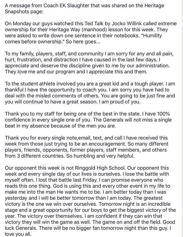 In Statement Heritage Hs Coach Slaughter Apologizes For Player Incident Encourages Team Wtvc