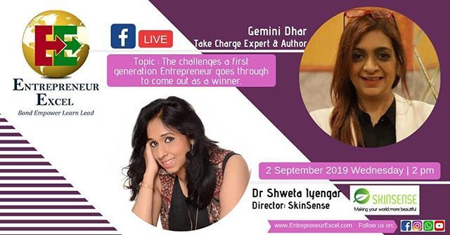 Drshwetaiyengar's tweet image. I invite you to join me and hear my story😍😍😍😍😍 Stay tuned for our next #EntrepreneurExcel Live with healthy discussion on challenges of an entrepreneur. 
Date: 4 September 2019 | 2 pm
With Shweta Iyengar
Director of SkinSense

Topic:
Challenges a first generation entrepr…