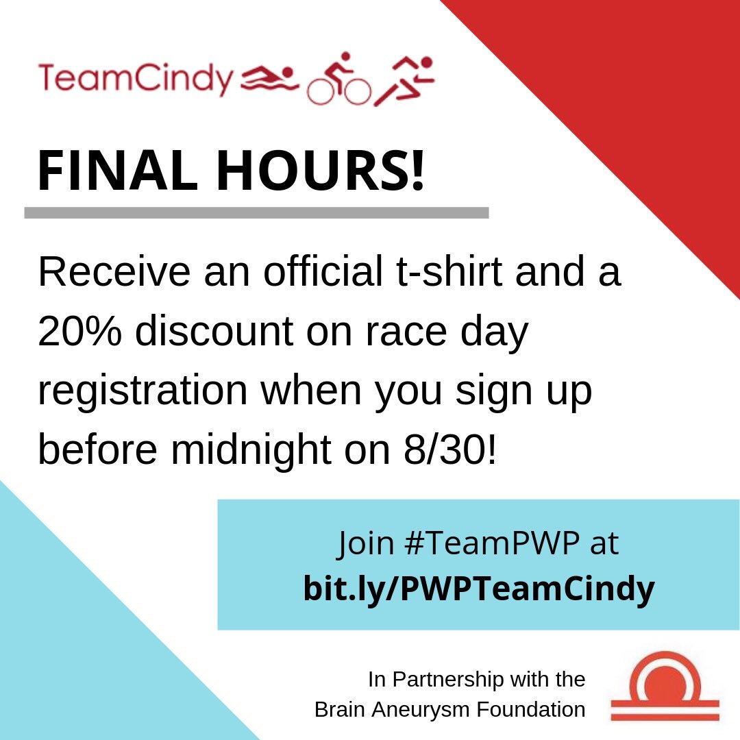 FINAL HOURS! Receive an official #TeamCindy5K t-shirt and a 20% discount on race day registration when you sign up with #TeamPWP before midnight on 8/30! 
Bit.ly/PWPTeamCindy

#RunforResearch #FunRun #5K #Run #Walk