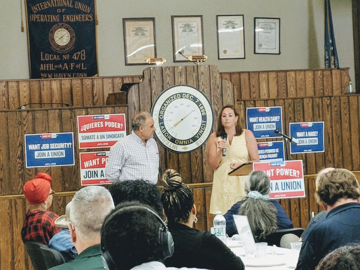CtPensions's tweet photo. @kimglassman running for #citycouncil in #easthaven speaking to what connects us all as #workers @ConnAFLCIO #labordaybreakfast https://t.co/KZA6VGhQYy