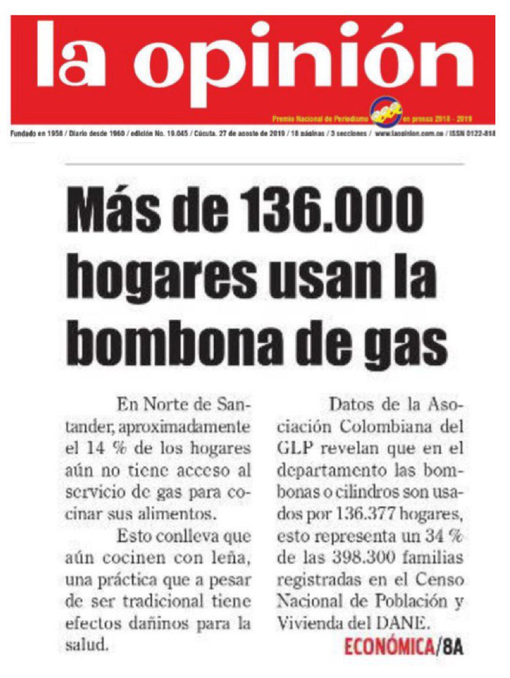 GasnovaCo's tweet photo. #SomosNoticia #Portada En #NorteDeSantander 136.377 hogares utilizan #GasLP. @laopinioncucuta advierte que en este departamento todavía hay familias que que cocinan con leña, por ello @GasnovaCo impulsa proyecto para reemplazar por #GLP ➡️ https://t.co/gxcHNzeI34 https://t.co/8d17dHqVfg