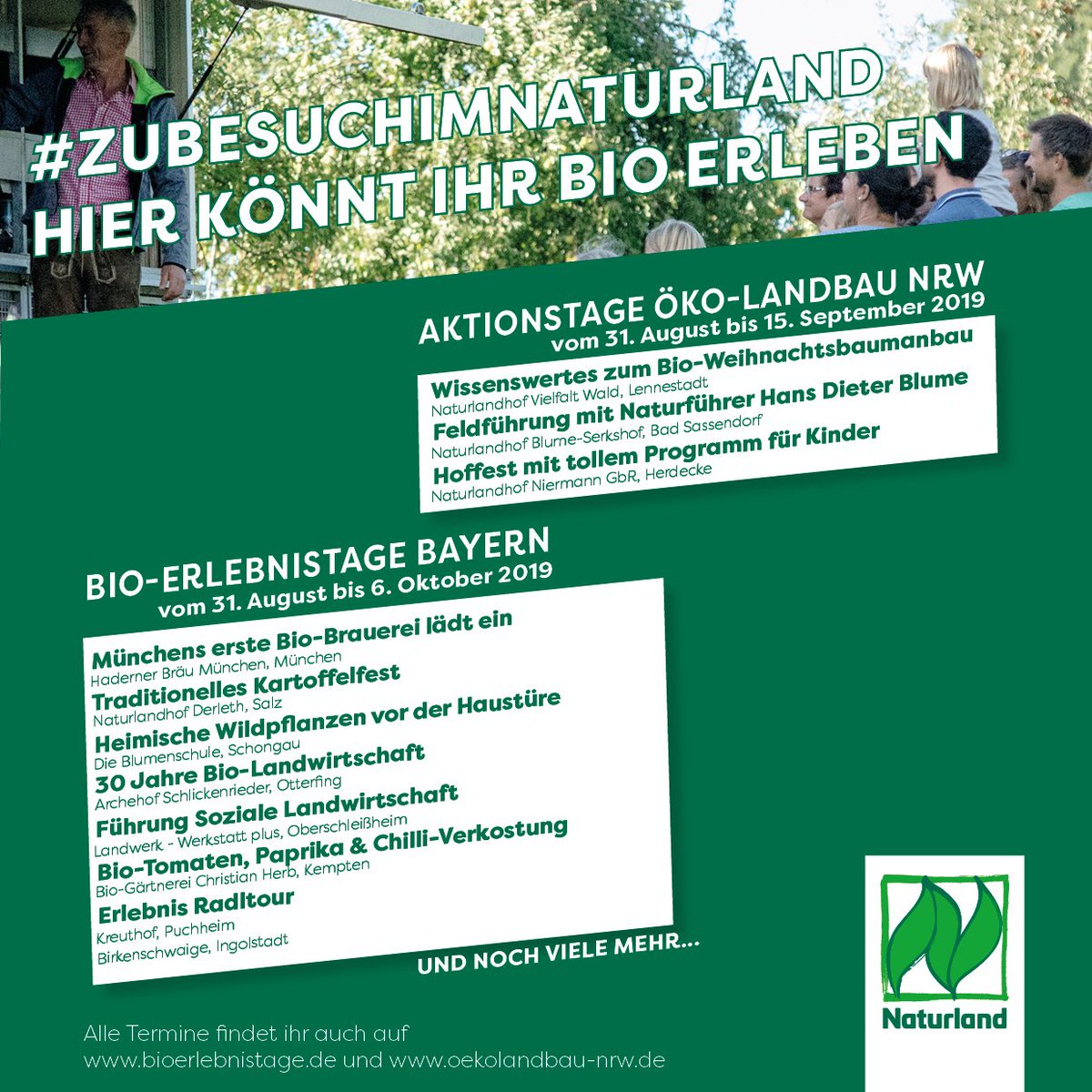 Naturland_eV's tweet photo. #BioErleben 🐥🐷🌾🍅 Ab heute könnt ihr in #NRW und #Bayern #ÖkoLandbau ganz nah erleben. Alle Termine und teilnehmende Naturland Höfe findet ihr hier:
👉🏼 NRW https://t.co/82DqsxQ4Bb
👉🏼 Bayern https://t.co/F7NCyF2dM3
Kinder, Freunde oder Partner einpacken und los geht's 😊
#bio https://t.co/4aASJH2ol8