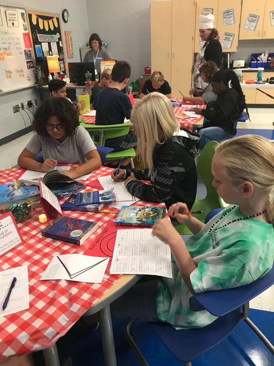A book tasting if you will...⁦WBS 5th graders dive right in on week 1 to Reader’s Cafe to experience the eclectic cuisine of delicious genres ⁦<a href="/WBeachSchool/">WBeachSchool</a>⁩ #NHCSchat #activelearning